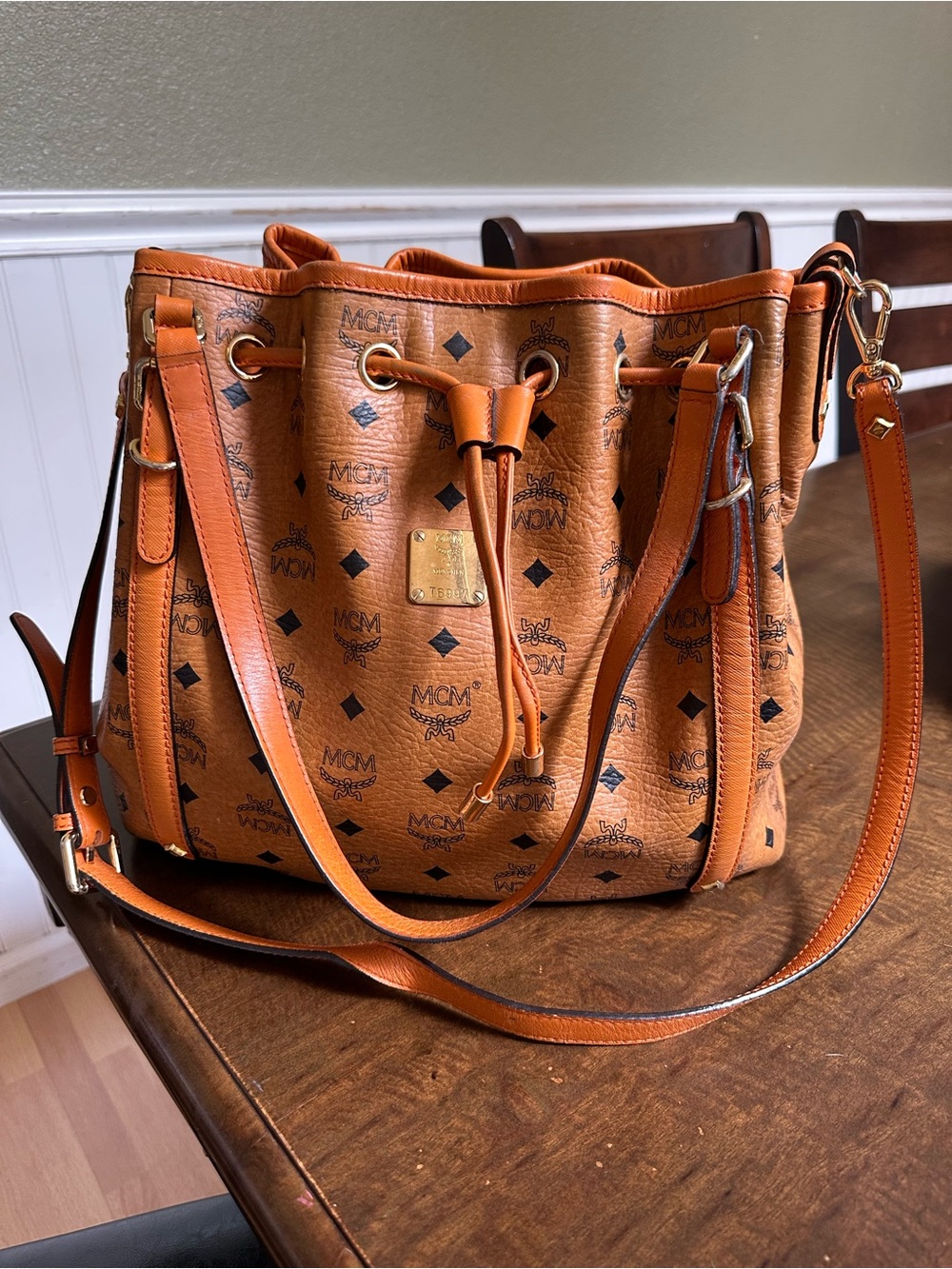 MCM Cognac Visetos Drawstring Bucket Shoulder Bag with Gold Hardware - Picture 1 of 4